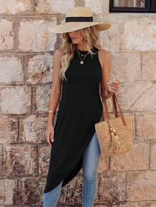 EMERY ROSE Solid Asymmetrical Hem Tank Top - Black - View 3