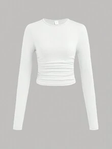 SHEIN Girlism 少女修身休閒針織素色圓領抓皺長袖T恤3件組 - 白色 - 查看 6