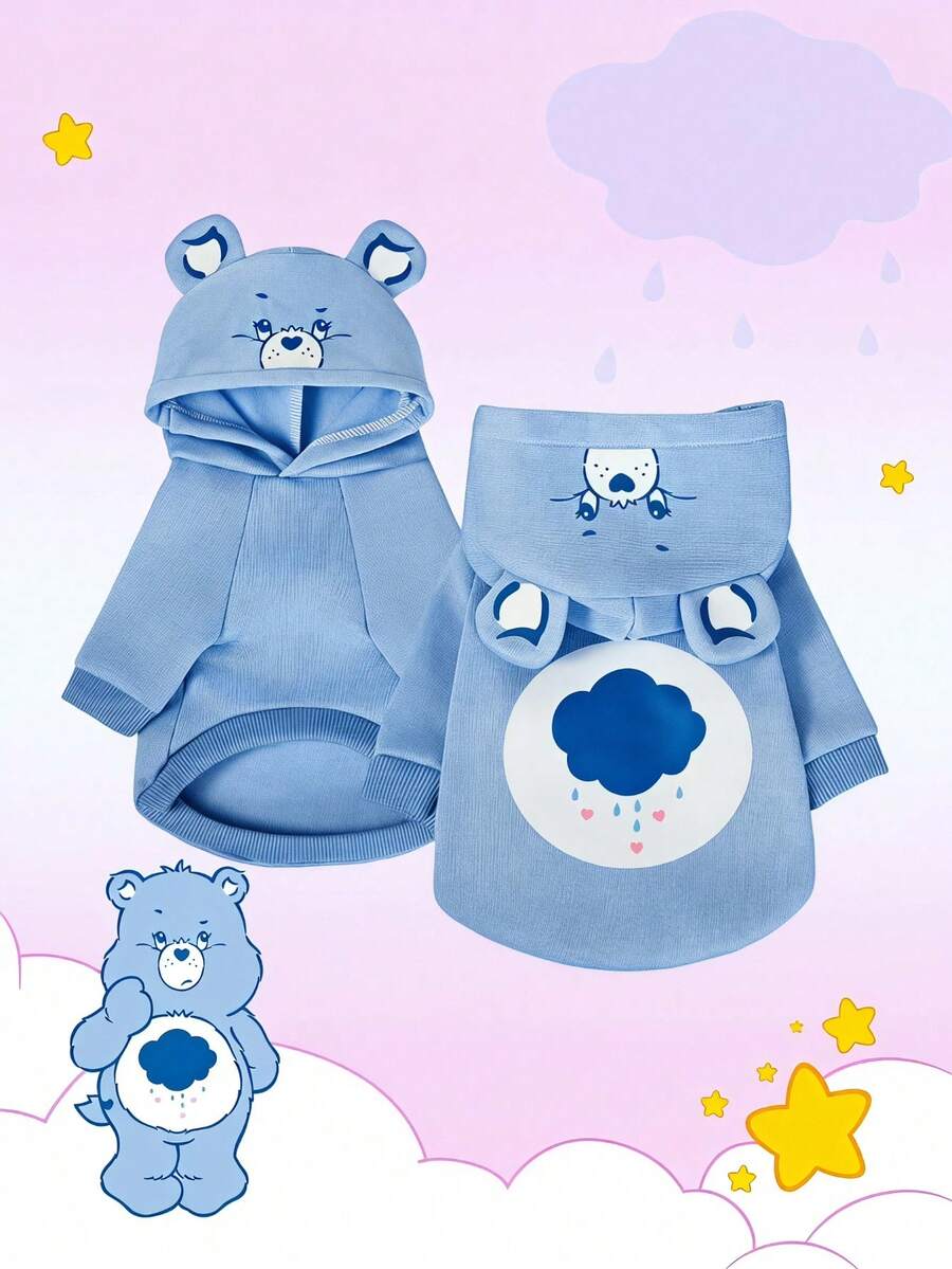 Care Bears X PETSIN 1件熊圖案藍色可愛立體耳連帽衛衣,適用於貓狗,毛絨保暖舒適,適合室內慵懶休息或寒冷戶外散步 - 藍色 - 查看 1