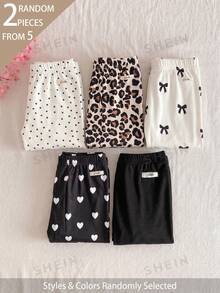 SHEIN 5pcs Random 2pcs Spring Summer All Season Girls Polka Dot Heart Leopard Print Sweet Cute Versatile Soft Comfortable Ribbed Ribbed Knit Leggings Set - Multicolor - View 9