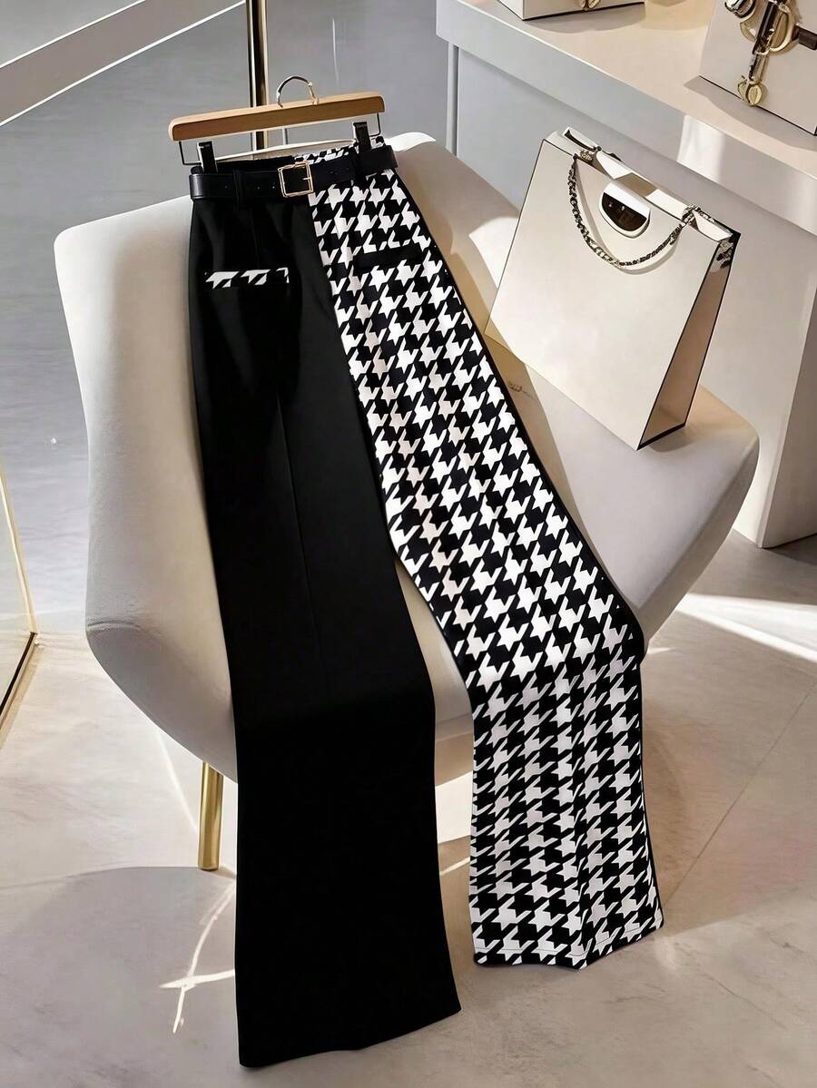 GlowEve CURVE Plus Size Women's Spring/Summer Minimalist Fashion Business Black & White Color Block Straight Leg Pants With Belt - Black - View 1