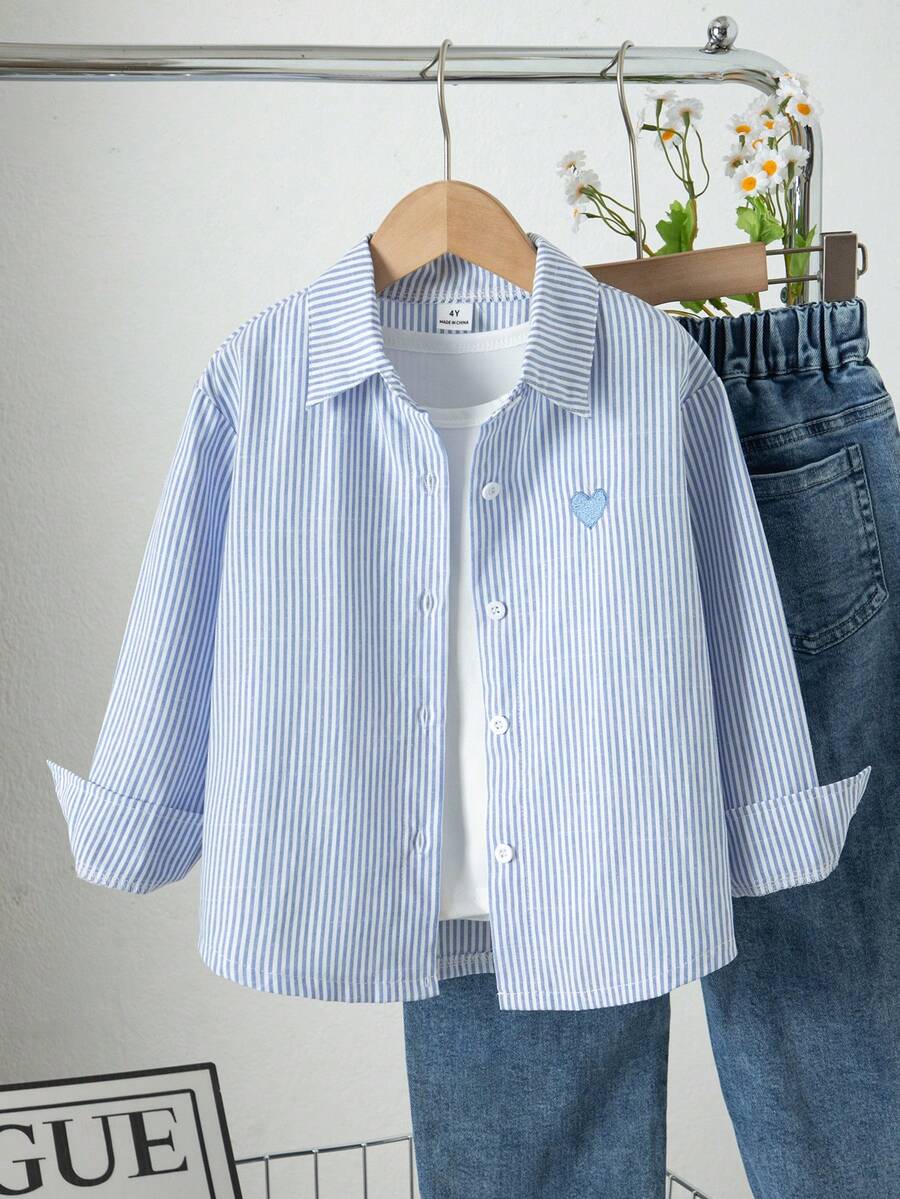 SHEIN 女童春夏粉色條紋草莓襯衫,簡約俏皮,時尚百搭,適合日常穿著與外出 - 藍白色 - 查看 1