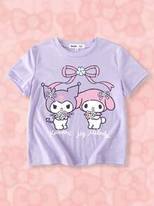 HELLO KITTY AND FRIENDS | SHEIN 青少年女孩卡通印花休闲简约短袖 T 恤，夏季 - 淡紫色 - 查看 1
