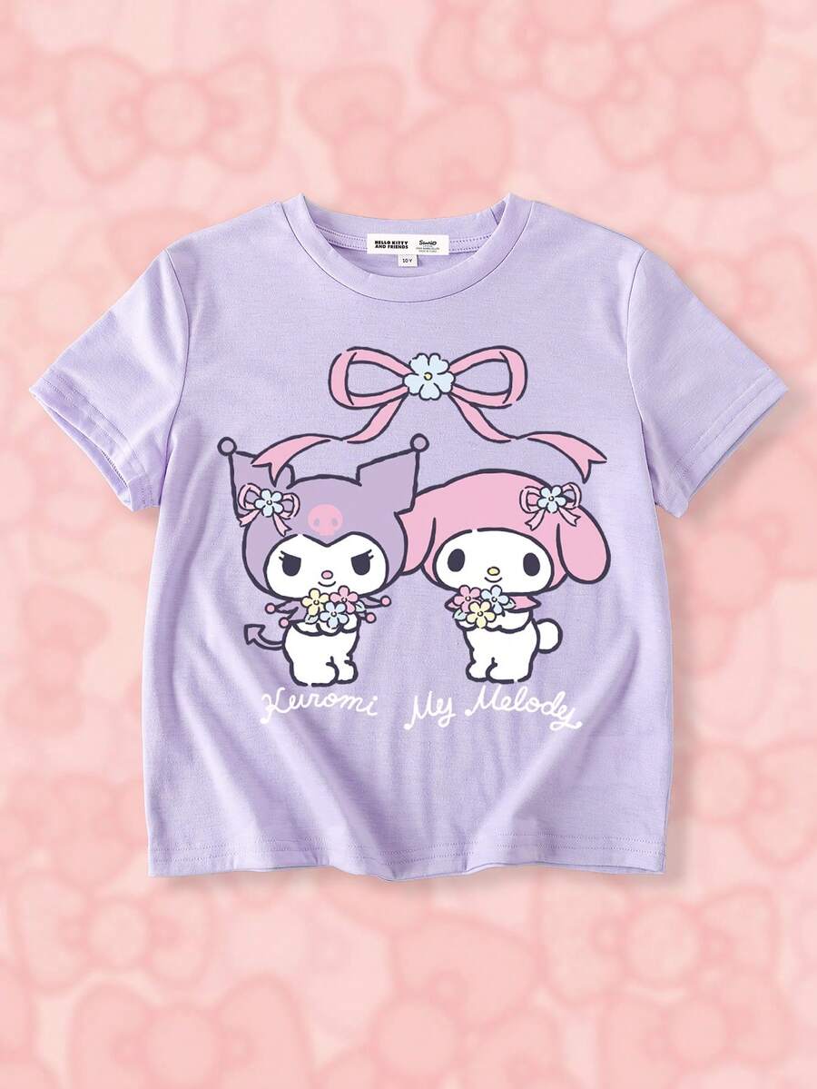 HELLO KITTY AND FRIENDS | SHEIN 青少年女孩卡通印花休闲简约短袖 T 恤,夏季 - 淡紫色 - 查看 1