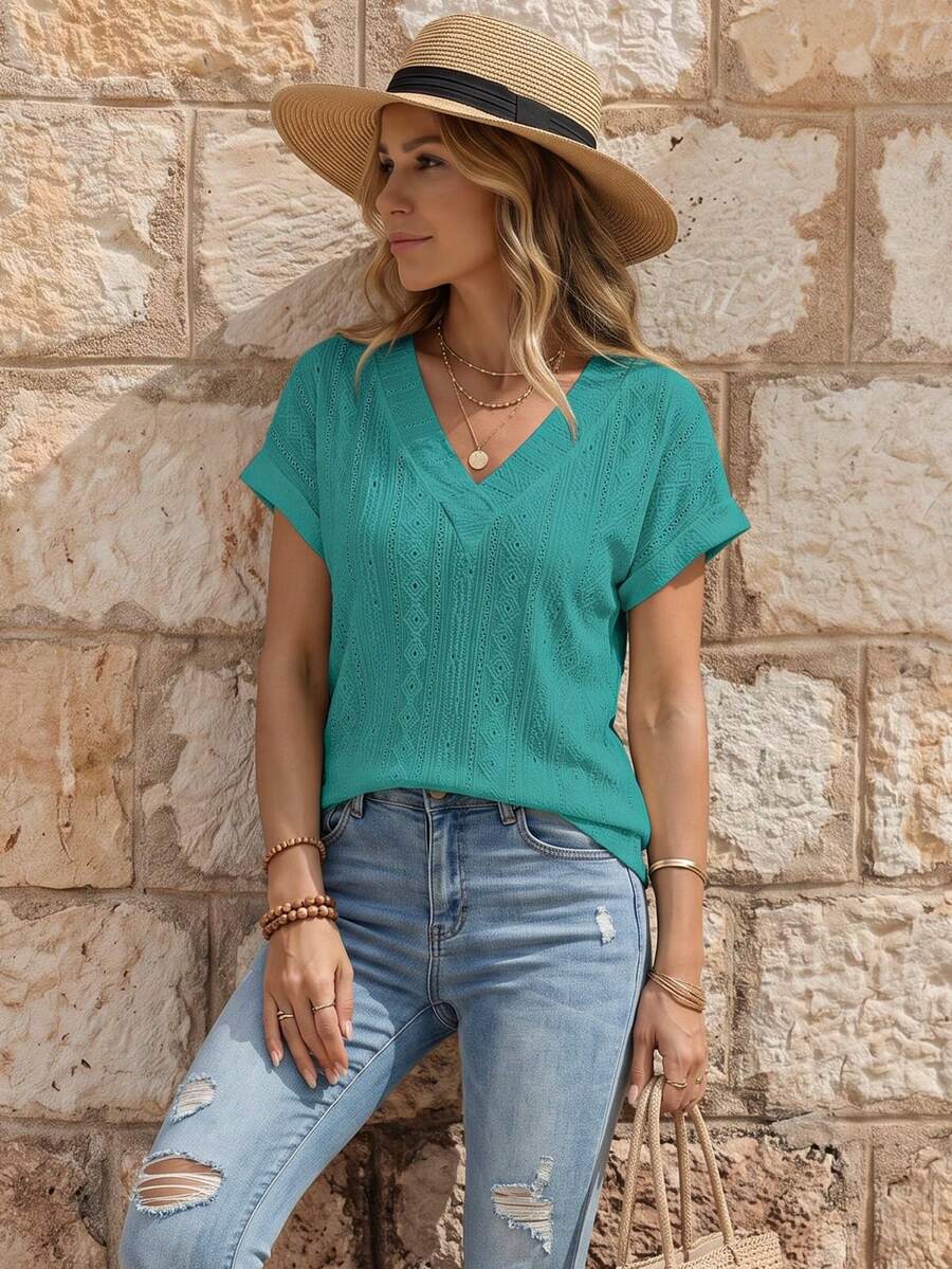 EMERY ROSE Kaos Wanita Kasual Sehari-hari untuk Perjalanan, Warna Polos, Leher V, Model Schiffy, Warna Teal Musim Panas - Teal Blue - View 1