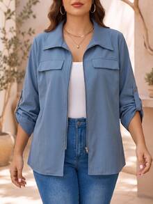 EMERY ROSE Plus Size Women's Solid Color Rolled Cuff Zipper Front Casual Jacket Fall - Blue - View 7