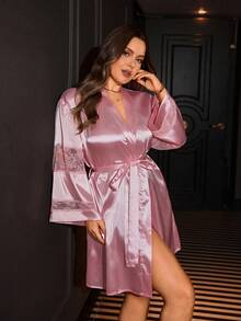 SilkySpell Lace Mesh Patchwork Faux Silk Sexy Plus Size Nightgown - Baby Pink - View 4