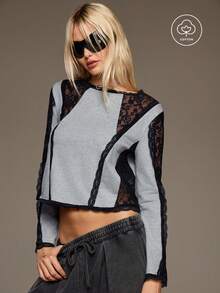 BAD SUNDAY Atasan Wanita Model Patchwork Renda, Gaya Milenium Y2K, Cocok untuk Semua Musim, Transisi Musim Gugur/Dingin - Grey - View 4