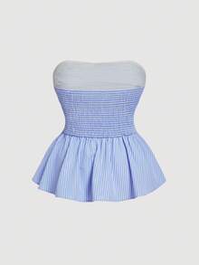 SHEIN MOD 大码女式夏季条纹露肩上衣 - 藍白色 - 查看 4