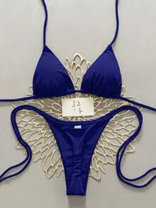 Swim Vcay 2pcs Women's White Bikini Swimsuit Set, Handmade Braided Rope Swimwear - Navy Blue - View 1