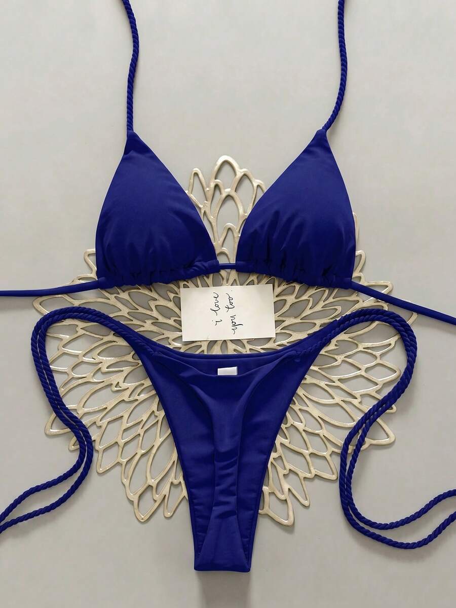 Swim Vcay 2pcs Women's White Bikini Swimsuit Set, Handmade Braided Rope Swimwear - Navy Blue - View 1