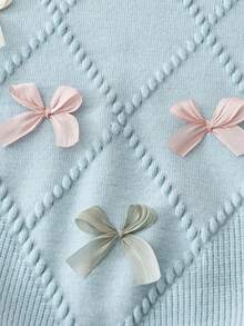 SHEIN Vintaside Kids 2026 春/秋新款 4-7 歲女童淺藍色菱格紋粗針編織套裝，3D 多色蝴蝶結圓領毛衣與長褲，兒童校園/外出/拍照針織上衣 - 藍色 - 查看 4
