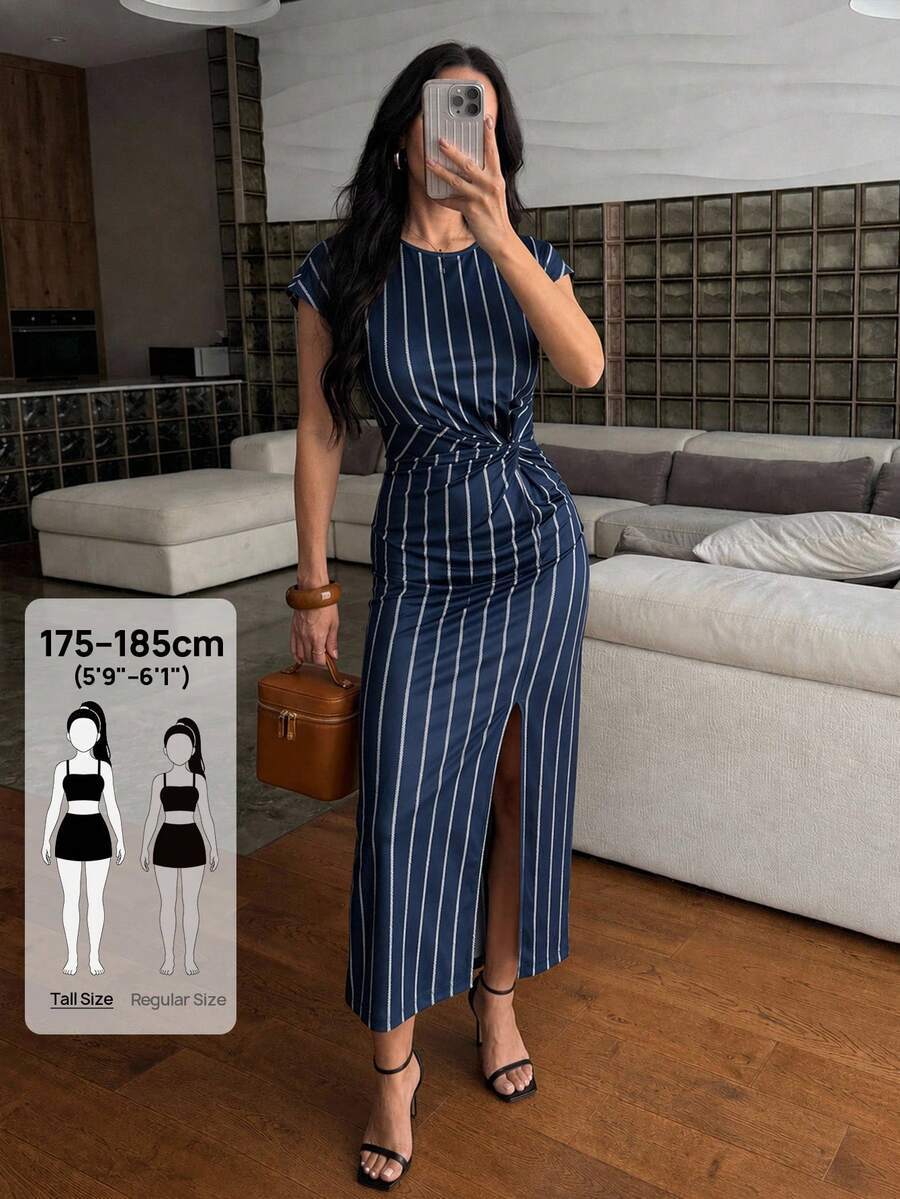 SHEIN Tall Vestido casual y minimalista de estilo náutico en azul marino con estampado de rayas blancas de cuerda de cáñamo. - Azul Marino - Ver 1