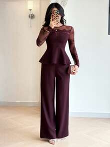 Feyla New Design Lace Patchwork Waist-Cinching Top With Cutout Neckline, 2 In 1 Slimming Straight-Leg Pants, Elegant Elegant Casual Commute Party Vacation Two Pieces Set - Red Violet - View 2