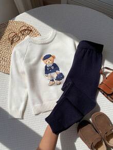 Young Boy Cartoon Bear Kids Pattern Knitted Soft Crew Neck Long Sleeve Pullover Sweater And Elastic Waist Long Autumn Pants 2-Piece Set - Multicolor - View 4