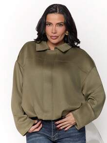 Dania Mndz Shop Women's Regular Faux Suede Long Sleeve Single Breasted Loose Casual Jacket, For Spring, Pocket Metal Button Short Military Green Suitable And Autumn - Army Green - View 1