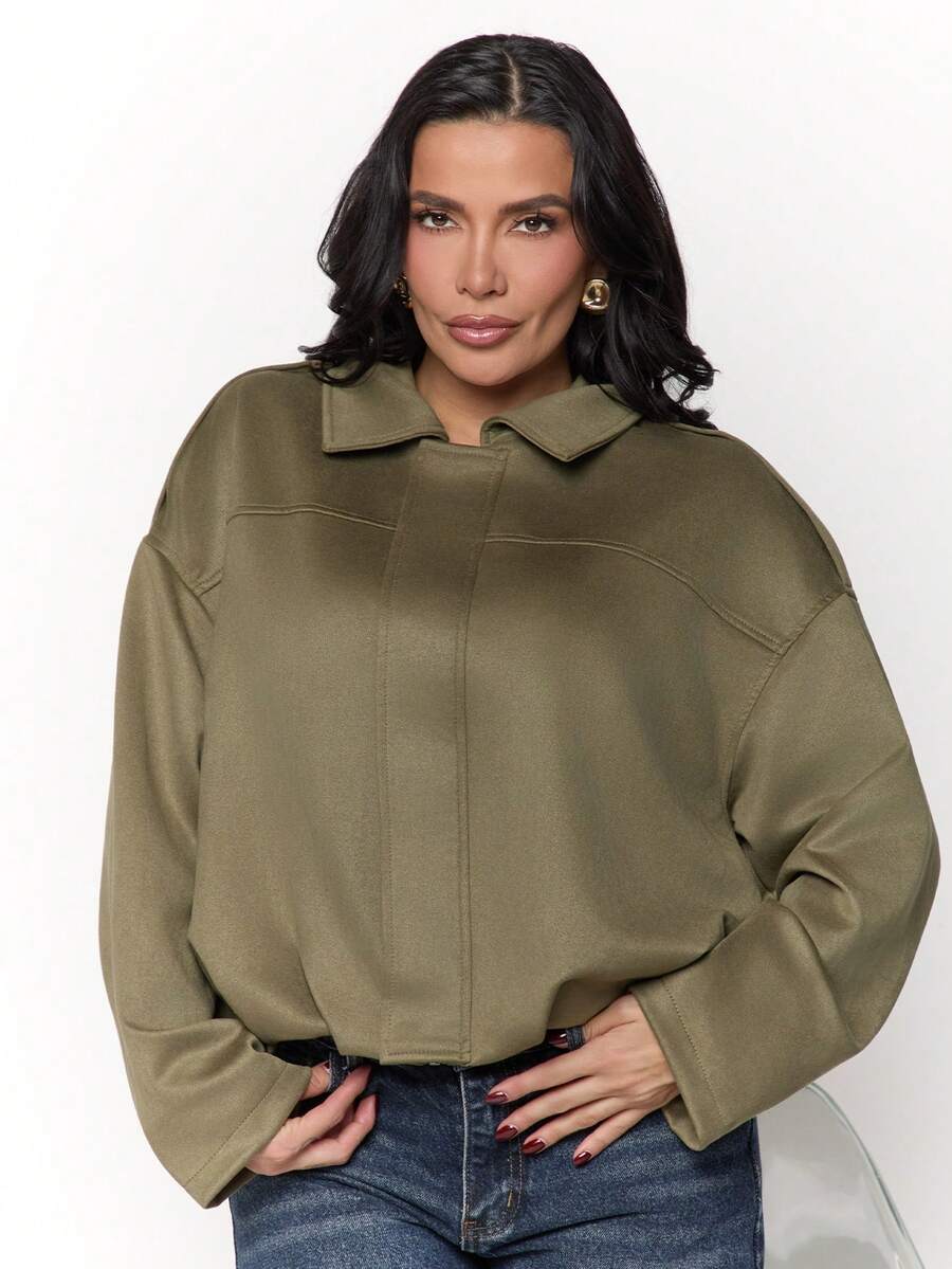 Dania Mndz Shop Women's Regular Faux Suede Long Sleeve Single Breasted Loose Casual Jacket, For Spring, Pocket Metal Button Short Military Green Suitable And Autumn - Army Green - View 1