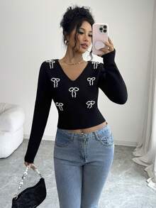 SHEIN Elenzya Sweater Rajut Motif Pita dan Manik-manik Musim Gugur/Dingin - Hitam - View 1