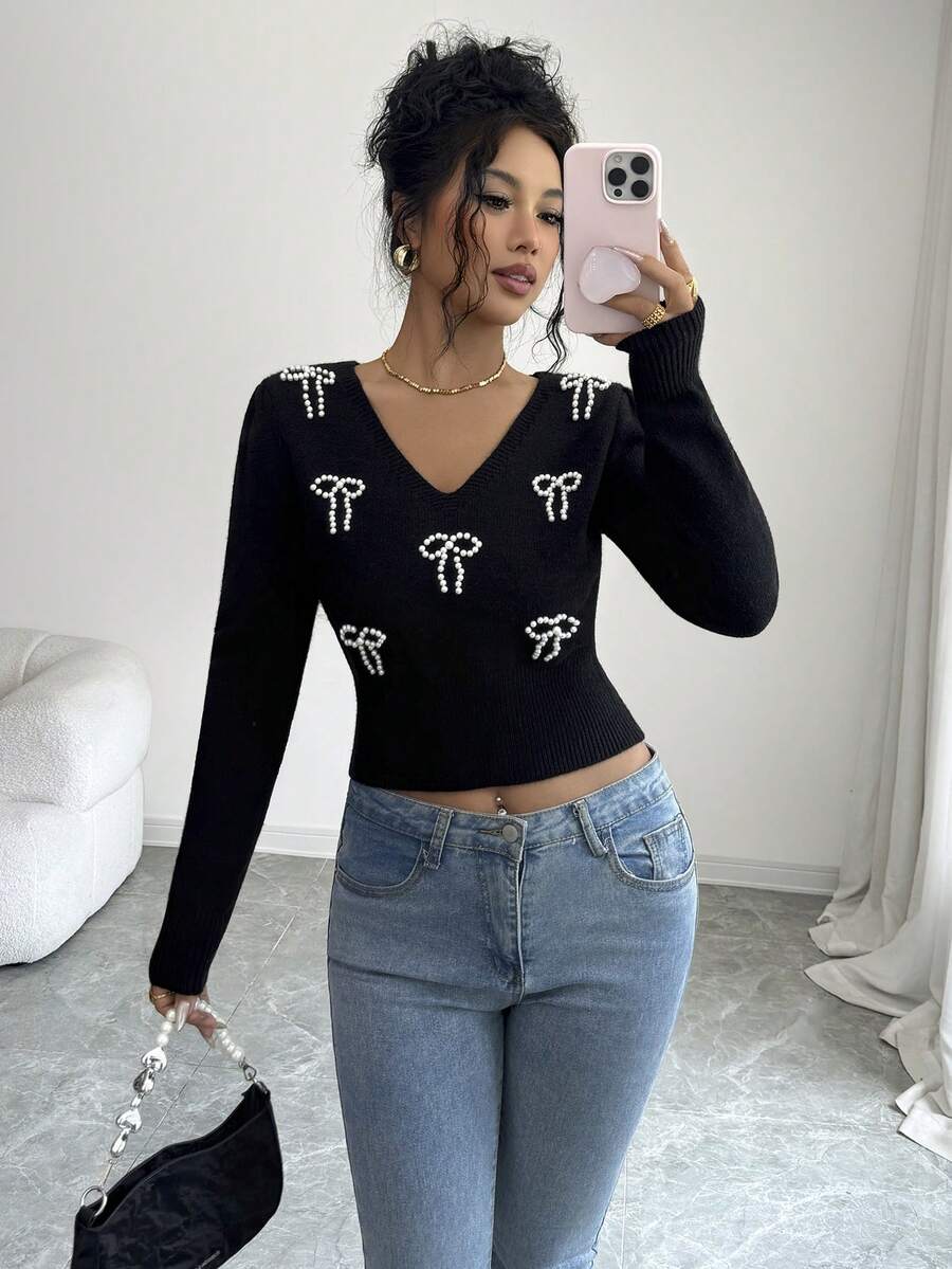SHEIN Elenzya Sweater Rajut Motif Pita dan Manik-manik Musim Gugur/Dingin - Hitam - View 1