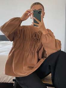 DAZY 女款素色寬鬆抓皺繫帶領長袖優雅度假風春秋上衣 - 棕色 - 查看 6