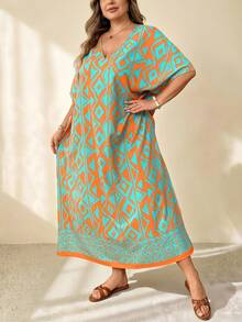 SHEIN CURVE+ Plus Size Women's Printed Loose Fit Versatile Casual Boho Vacation Beach Short-Sleeve Dress Orange Summer - Multicolor - View 4