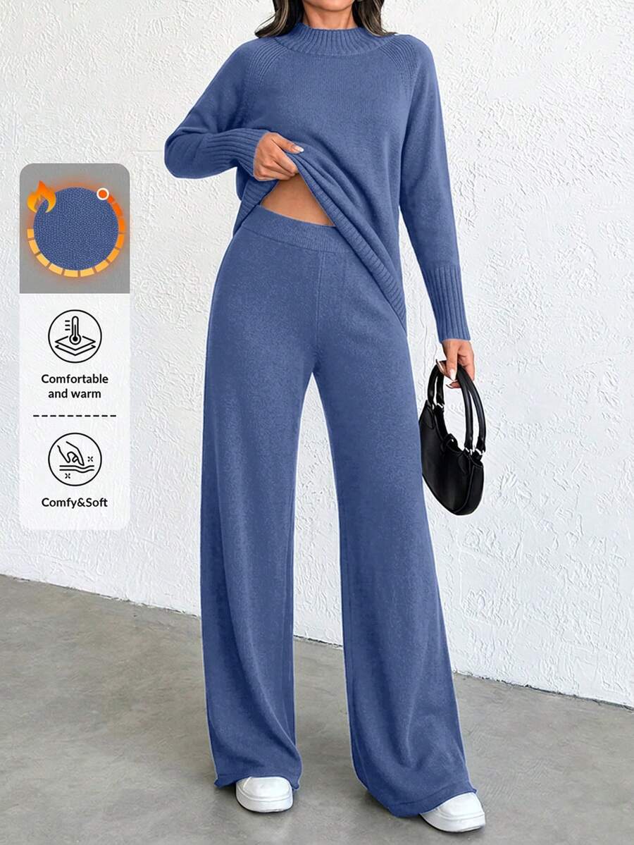 SHEIN Tall 女式立领插肩袖针织毛衣 2 件套 - 霧霾藍 - 查看 1