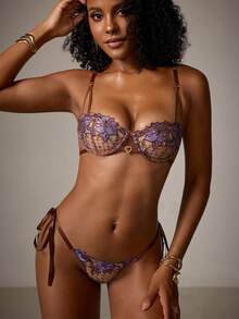 DreamPoppy 1 Set 2pcs Women's Brown Purple Cute Bow Embroidery Bra Set, Comfortable Elegant Ultra Short Top And Thong - Coffee Brown - View 7