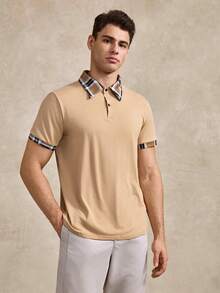 Courvante Men's Solid Color Patchwork Front Button Short Sleeve Casual T-Shirt - Khaki - View 5