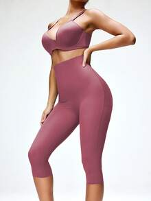 SHEIN 女款塑形七分褲 - 紅木色 - 查看 4