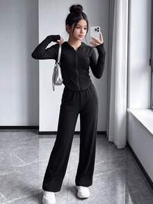 SHEIN 青少年女孩 2件組純色拉鍊連帽外套與寬腿長褲套裝，適合春秋季日常穿著、返校穿搭、秋冬造型 - 黑色 - 查看 7