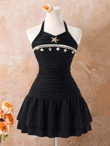 SHEIN Teen Girls' Halter Neck Ruched Ruffle Hem Summer Fashion Dress Beach Black - Black - View 6