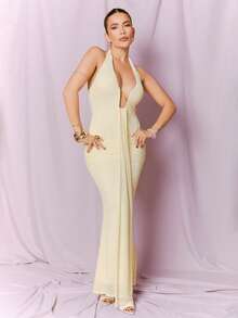 Dania Mndz Shop Gaun Pesta Wanita Musim Semi/Panas Model Wrap Asimetris dengan Rumbai Panjang Model Ekor Ikan yang Ketat dan Elegan - Aprikot - View 2
