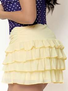 Dania Mndz Shop Women's Summer Casual Plain Color Ruffle Hem A-Line Yellow Skirt,Valentine's Day - Yellow - View 4
