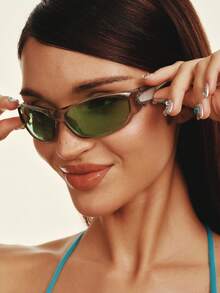 Popjeli Retro Gray-Frame Fruit Green Lens Sunglasses, Niche Contrast Colors To Create Y2K Millennial Style, Daily Street Leisure - green gray - View 3