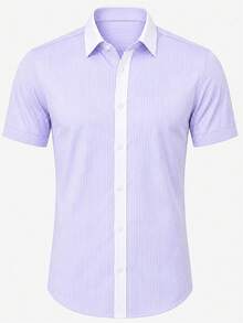 Manfinity Mode Men's Business Casual Light Color Striped & Solid Color Patchwork Short Sleeve Shirt - Mauve Purple - View 3
