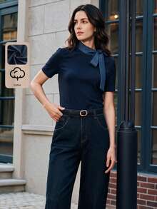 Anewsta Essential Anewsta 夏季女款海軍藍 74% 棉混紡立領綁帶短袖修身 T 恤，丹寧風領口拼接，優雅休閒極簡風，修身版型適合日常休閒或通勤穿著，海軍藍上衣 - 藏蓝色 - 查看 5