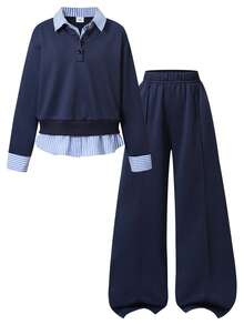 女童海軍藍 2 合 1 條紋 Polo 領半扣長袖運動衫 + 直筒寬腿褲 2 件式休閒套裝，學院風拼色運動服，適合日常上學、外出與校園休閒穿著 - 藏蓝色 - 查看 3