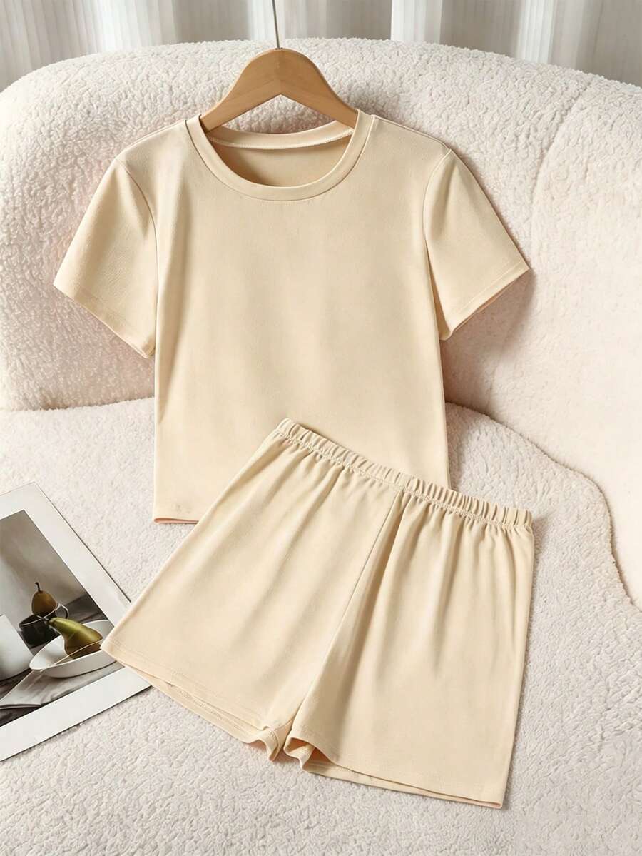 SHEIN Teen Girls 2pcs/Set Short Sleeve Round Neck Summer Pink Casual Outfit, Outfits, Beach, Boho, Concert, Gym - Apricot - View 1
