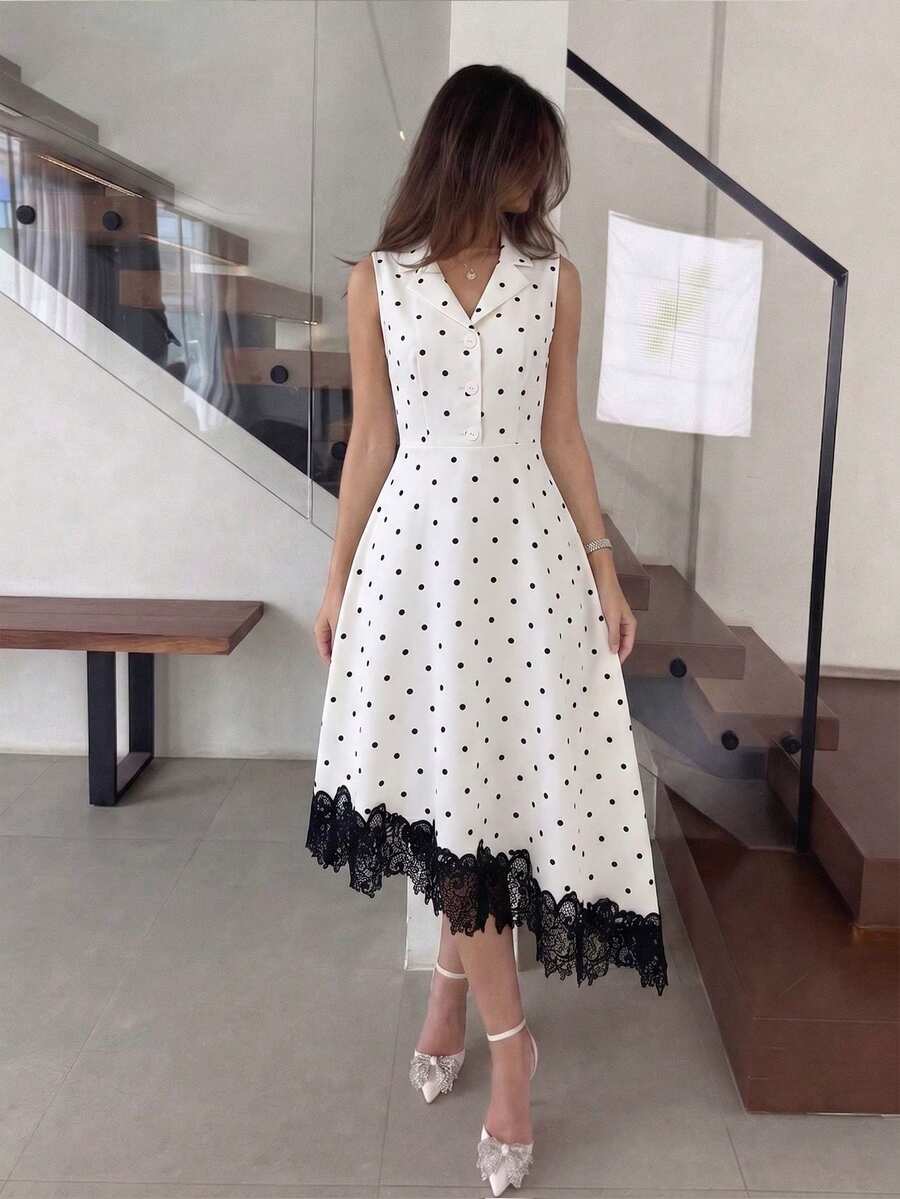 NOVVYNE Abito da donna, elegante abito midi senza maniche con pois, bordo in pizzo e orlo asimmetrico per invitata a matrimonio - Beige - Visualizzare 1