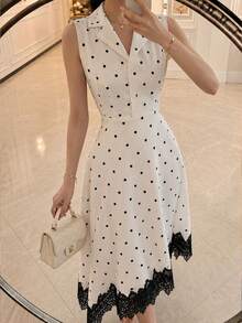 NOVVYNE Abito da donna, elegante abito midi senza maniche con pois, bordo in pizzo e orlo asimmetrico per invitata a matrimonio - Beige - Visualizzare 7