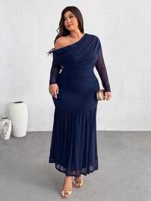 Firerie Plus Size Elegant Solid Color Cold Shoulder Halter Neck Dress Fall - Blue - View 4