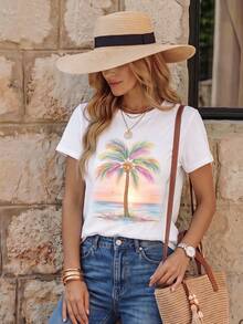 EMERY ROSE Women's Palm Tree Pattern Casual Round Neck Short Sleeve T-Shirt, Summer - White - View 3