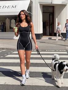 Dewbera Dewbera Athletic Casual One-Piece Jumpsuit With Built-In Chest Pads, Split Seam Design, Slim Fit Patchwork Tight Shorts With Butt-Lifting Effect - Black - View 7