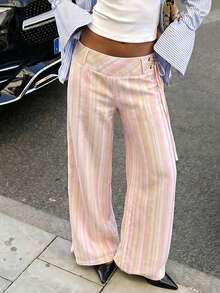 Avenya Low Waist Striped Drawstring Casual Pants - Pink - View 1