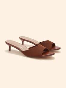 CUCCOO BASICS Women Kitten Heel Knit Slide Sandals Open Toe Slippers - Brown - View 2