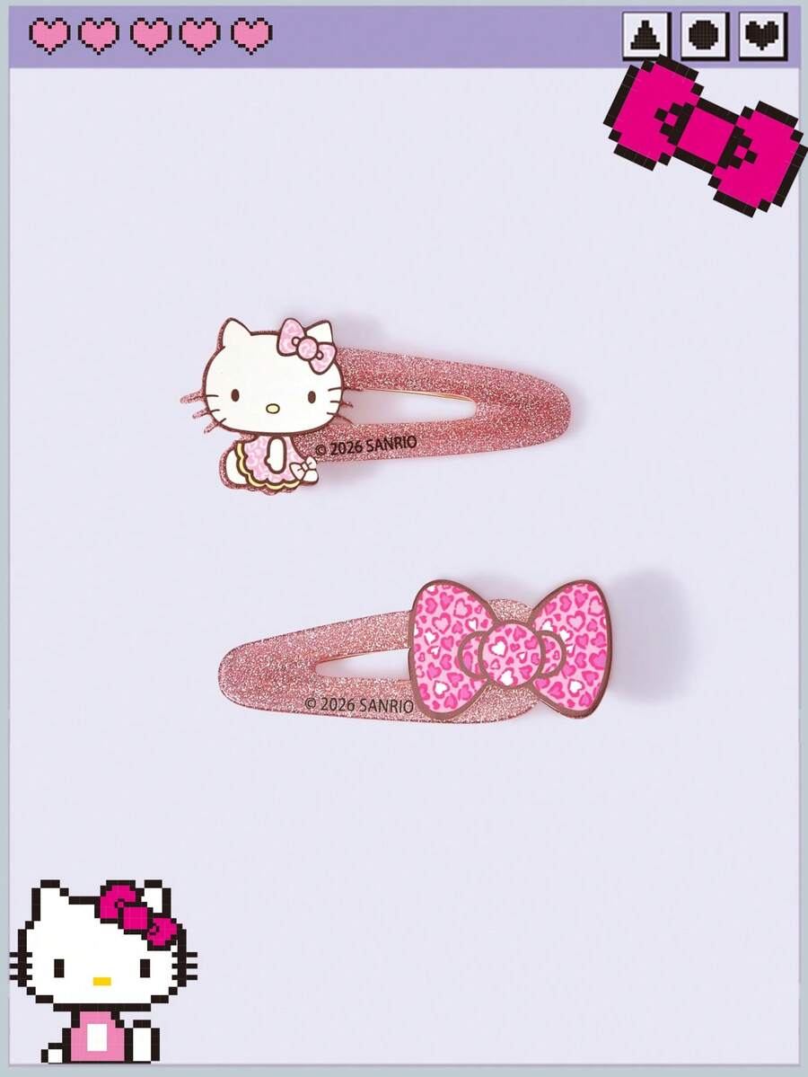 HELLO KITTY AND FRIENDS | ROMWE 新款創意卡通多色可愛貓咪蝴蝶結圖案印花髮夾一對,IP聯名設計,可愛個性化,簡約大方,亦可作為飾品,適用於各種派對、音樂會、節慶,精美禮物 - 粉色 - 查看 1