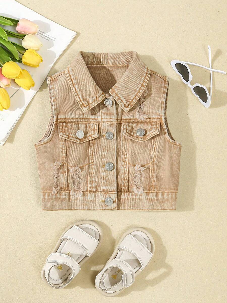SHEIN Elladie kids 女童日常休閒卡其色梭織牛仔背心,翻領無袖前扣式破洞做舊短版背心,適合戶外穿著 - 卡其色 - 查看 1