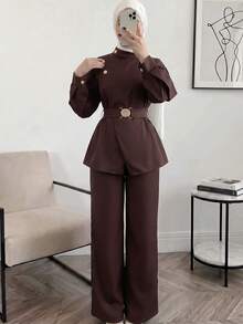 Solavon Women's Button Design Long Sleeve Top And Pants Arabic Outfit Set - Coffee Brown - View 5