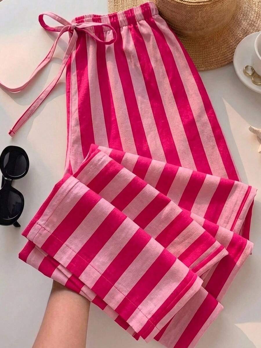 SHEIN EZwear 女款休閒腰部綁帶直筒長褲,適合夏季 - 粉色 - 查看 1