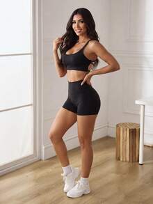 SHEIN Ciela Rowan 女款純色交叉露背短版戶外細肩帶背心上衣 - 黑色 - 查看 6